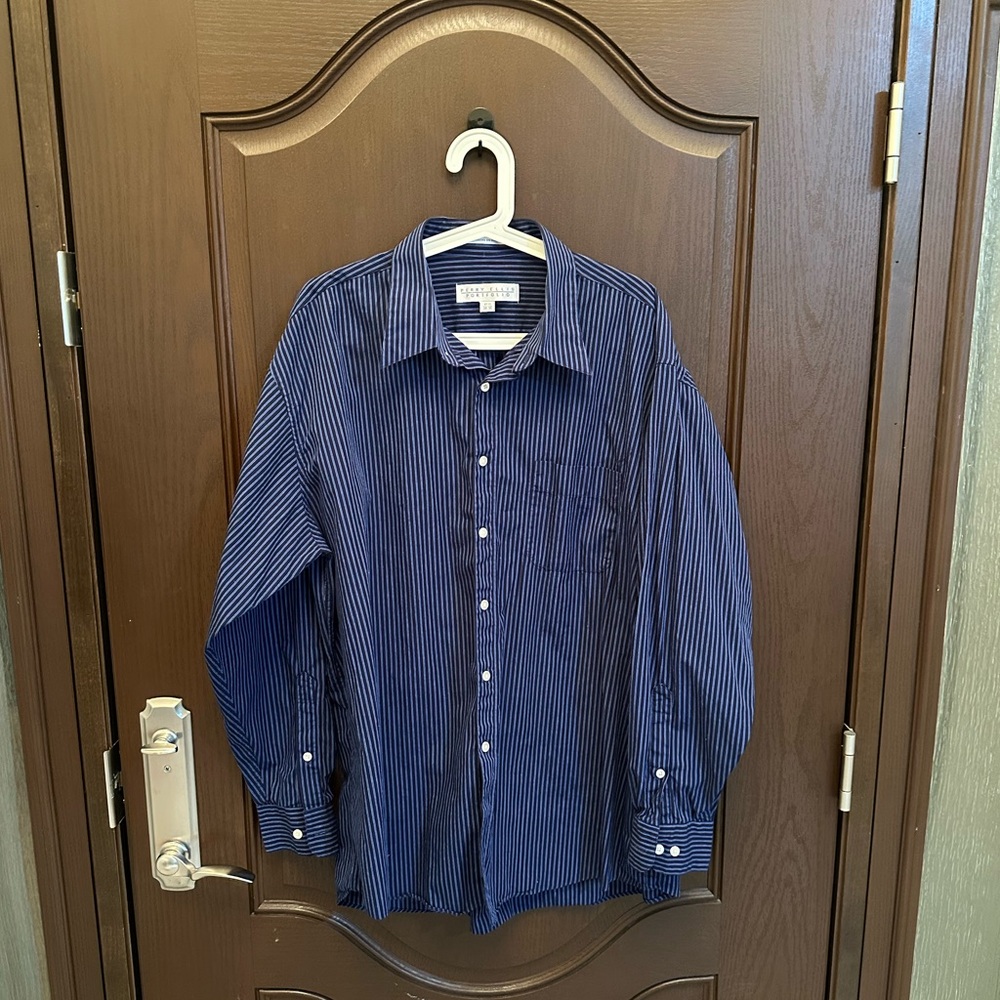 Perry Ellis Portfolio Men’s Dress Shirt Blue Striped Button Down 17.5 34/35